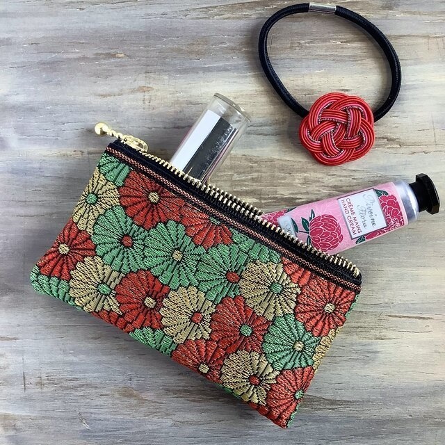 【菊花】畳縁 テトラ型 ペンケース 和風 赤 金 緑 クリスマスカラー デイジー