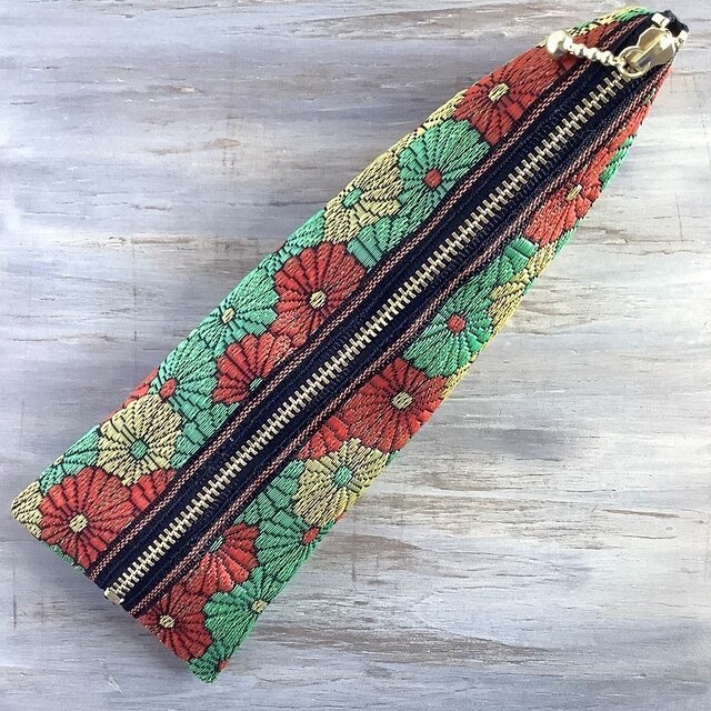 【菊花】畳縁 テトラ型 ペンケース 和風 赤 金 緑 クリスマスカラー デイジー