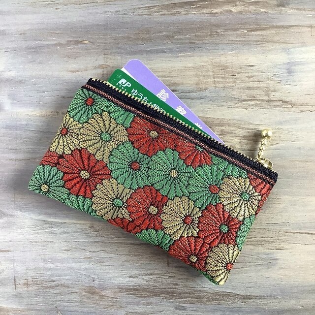 【菊花】畳縁 ぺたんこ ミニポーチ カードケース 小銭入れ 和風 赤 金 緑 クリスマスカラー デイジー