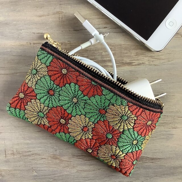 【菊花】畳縁 ぺたんこ ミニポーチ カードケース 小銭入れ 和風 赤 金 緑 クリスマスカラー デイジー