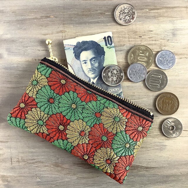 【菊花】畳縁 ぺたんこ ミニポーチ カードケース 小銭入れ 和風 赤 金 緑 クリスマスカラー デイジー