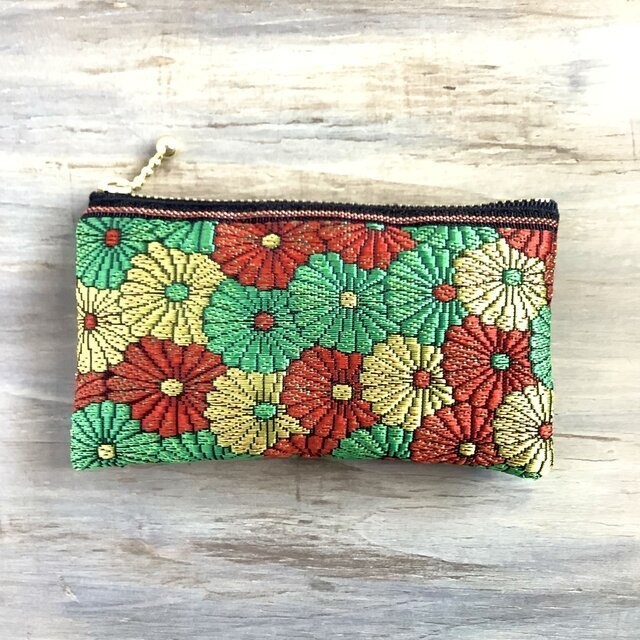 【菊花】畳縁 ぺたんこ ミニポーチ カードケース 小銭入れ 和風 赤 金 緑 クリスマスカラー デイジー