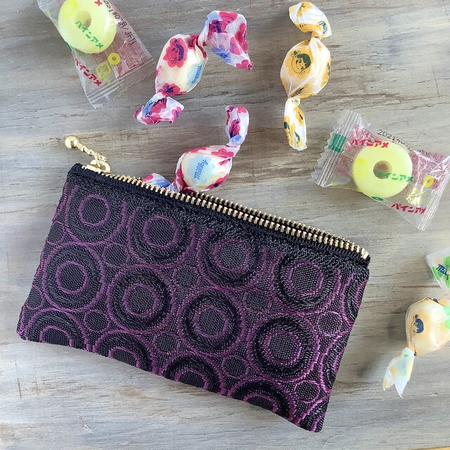 【ハロウィンドーナツ】畳縁 ぺたんこ ミニポーチ カードケース 小銭入れ 和風 和風 紫 黒 リング 葡萄 ベリー まる