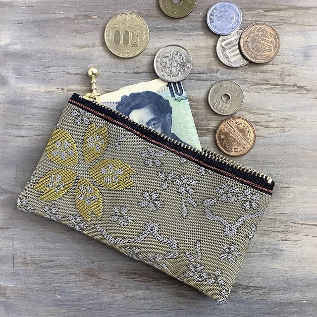 【金桜】畳縁 ぺたんこ ミニポーチ カードケース 小銭入れ 和風 黄 桜