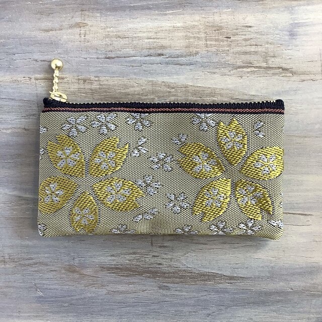 【金桜】畳縁 ぺたんこ ミニポーチ カードケース 小銭入れ 和風 黄 桜