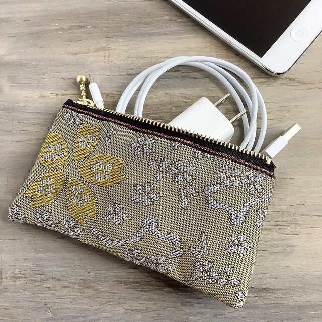 【金桜】畳縁 ぺたんこ ミニポーチ カードケース 小銭入れ 和風 黄 桜