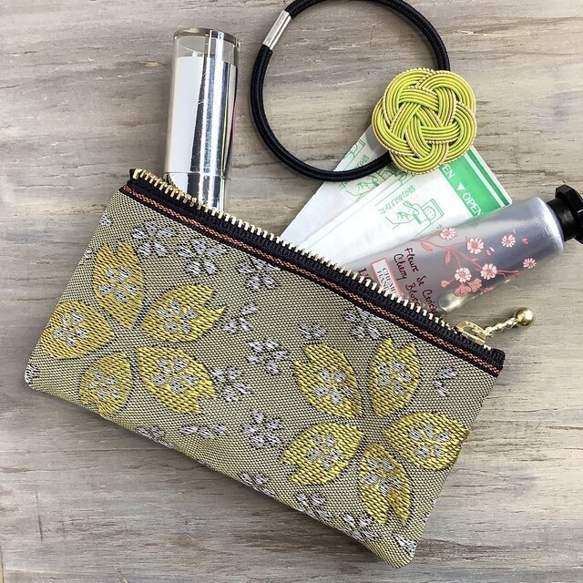 【金桜】畳縁 ぺたんこ ミニポーチ カードケース 小銭入れ 和風 黄 桜