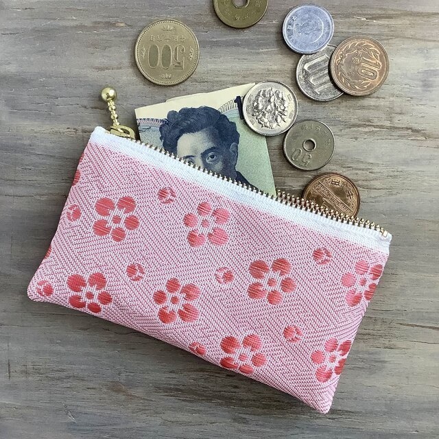 【梅花】畳縁 ぺたんこ ミニポーチ カードケース 小銭入れ 和風 桃色 ピンク 春