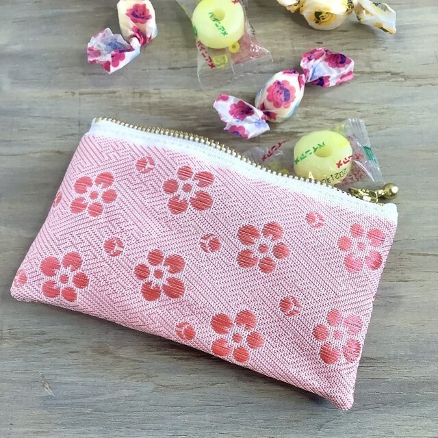 【梅花】畳縁 ぺたんこ ミニポーチ カードケース 小銭入れ 和風 桃色 ピンク 春