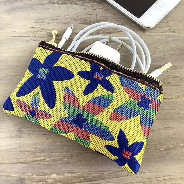 【スターフラワー】畳縁 ぺたんこ ミニポーチ カードケース 小銭入れ 和風 マルチカラー 黄色 カラフル