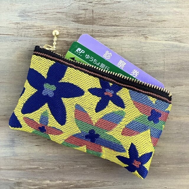 【スターフラワー】畳縁 ぺたんこ ミニポーチ カードケース 小銭入れ 和風 マルチカラー 黄色 カラフル