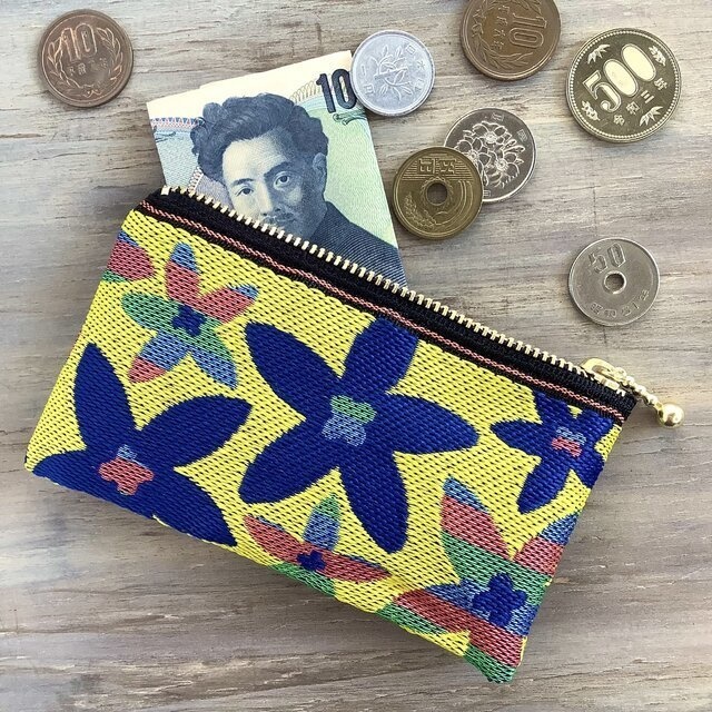 【スターフラワー】畳縁 ぺたんこ ミニポーチ カードケース 小銭入れ 和風 マルチカラー 黄色 カラフル