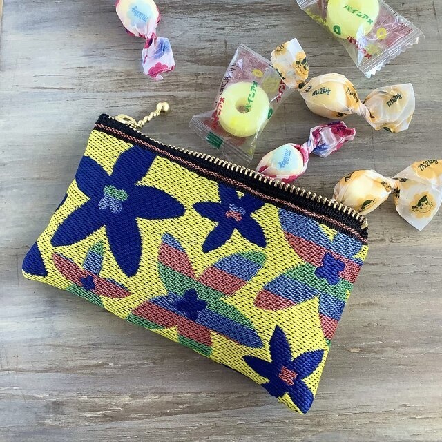 【スターフラワー】畳縁 ぺたんこ ミニポーチ カードケース 小銭入れ 和風 マルチカラー 黄色 カラフル