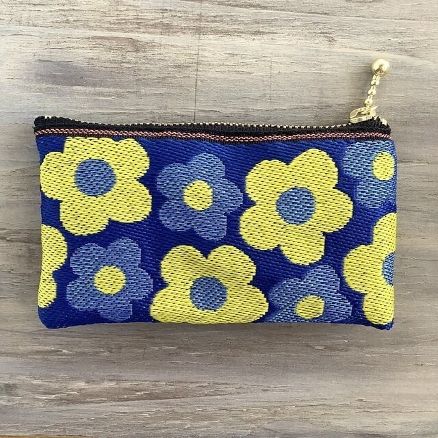 【レトロポップ 花柄】畳縁 ぺたんこ ミニポーチ カードケース 小銭入れ 和風 ブルー 青