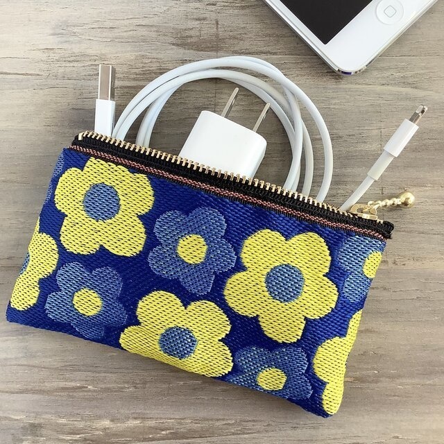 【レトロポップ 花柄】畳縁 ぺたんこ ミニポーチ カードケース 小銭入れ 和風 ブルー 青