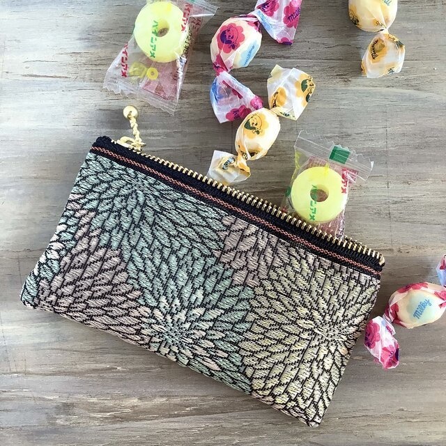 【菊】畳縁 ぺたんこ ミニポーチ カードケース 小銭入れ 和風 ニュアンスカラー 縁起物