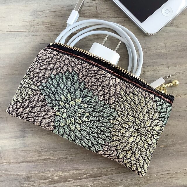 【菊】畳縁 ぺたんこ ミニポーチ カードケース 小銭入れ 和風 ニュアンスカラー 縁起物