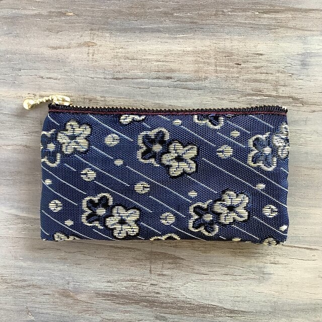 【ブルーフラワー】畳縁 ぺたんこ ミニポーチ カードケース 小銭入れ 和風 藍色 紺 花 絣模様