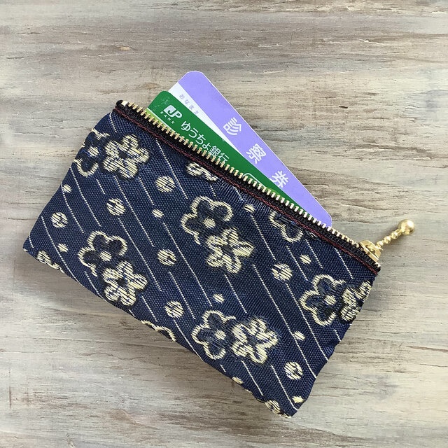 【ブルーフラワー】畳縁 ぺたんこ ミニポーチ カードケース 小銭入れ 和風 藍色 紺 花 絣模様