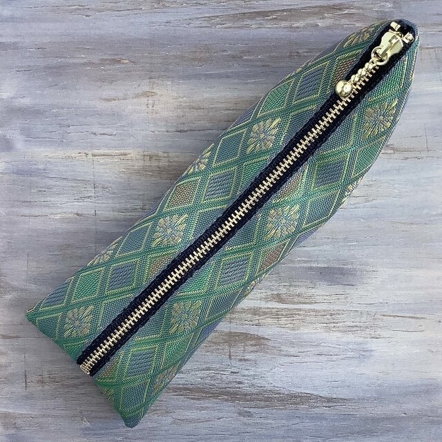 【朝霞の森】畳縁 テトラ型 ペンケース 和風 ニュアンスカラー グリーン 菱形 花菱