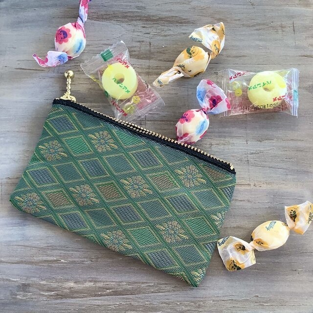 【朝霞の森】畳縁 テトラ型 ペンケース 和風 ニュアンスカラー グリーン 菱形 花菱