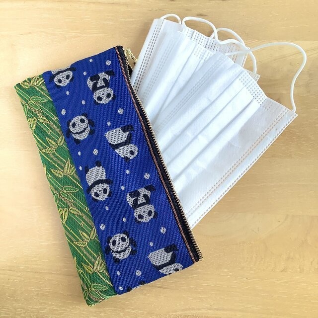 【笹パンダ】畳縁 幅広ペンケース マスクケース ポーチ 竹 和風 チャイナ 紺