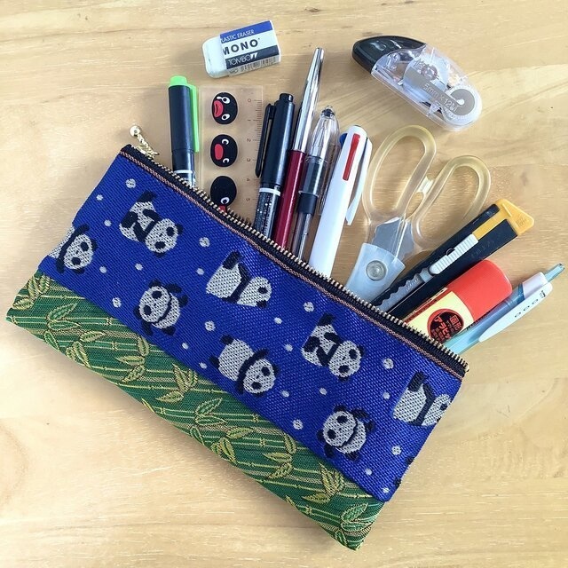 【笹パンダ】畳縁 マスクケース ポーチ ペンケース 竹 和風 チャイナ 紺