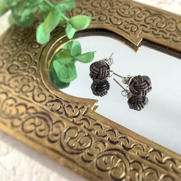 水引製【メタリックブラウン】ピアス 銅色 和風 大人可愛い 秋 こげ茶