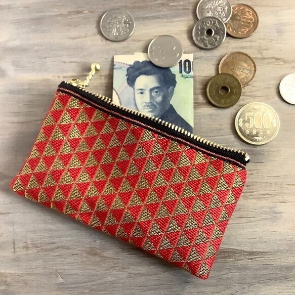 【鱗模様】畳縁 テトラ型 ペンケース クリスマスカラー 幾何学模様 赤 金 三角
