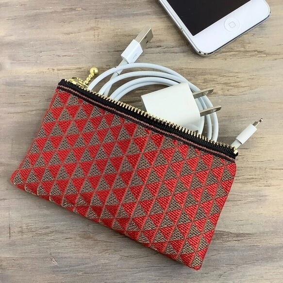 【鱗模様】畳縁 ぺたんこ 小銭入れ ミニポーチ カードケース クリスマスカラー 幾何学模様 赤 金 三角