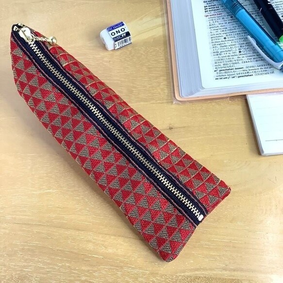 【鱗模様】畳縁 ぺたんこ 小銭入れ ミニポーチ カードケース クリスマスカラー 幾何学模様 赤 金 三角
