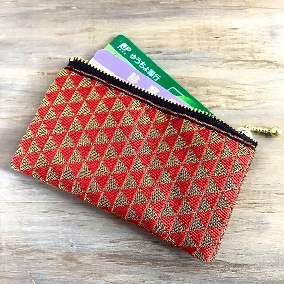 【鱗模様】畳縁 ぺたんこ 小銭入れ ミニポーチ カードケース クリスマスカラー 幾何学模様 赤 金 三角