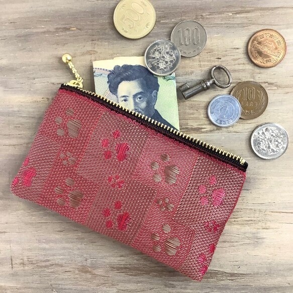 【肉球】畳縁 ぺたんこ ミニポーチ カードケース 小銭入れ 足あと 赤 犬 猫