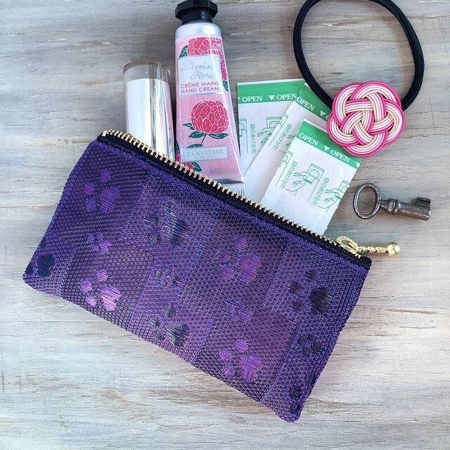 【肉球】畳縁 ぺたんこ ミニポーチ カードケース 小銭入れ すみれ色 足あと 紫 犬 猫