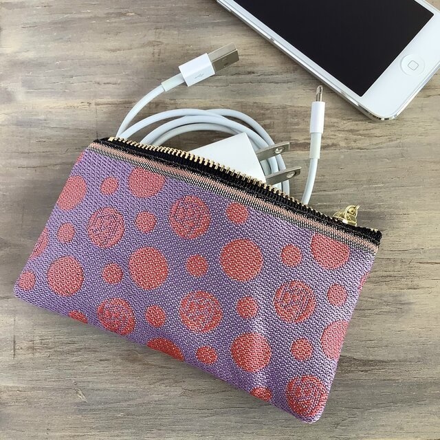 【朝焼けの薔薇】畳縁 ぺたんこ ミニポーチ カードケース 小銭入れ 紫 ピンク 水玉 ドット