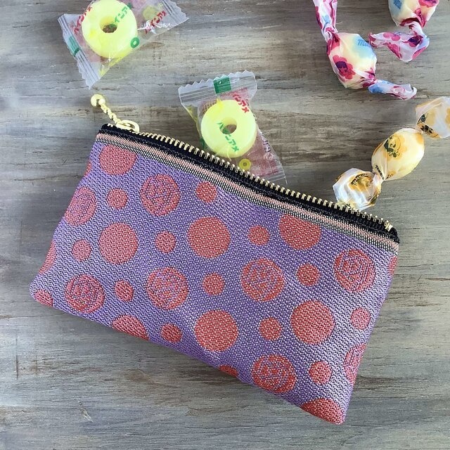 【朝焼けの薔薇】畳縁 ぺたんこ ミニポーチ カードケース 小銭入れ 紫 ピンク 水玉 ドット