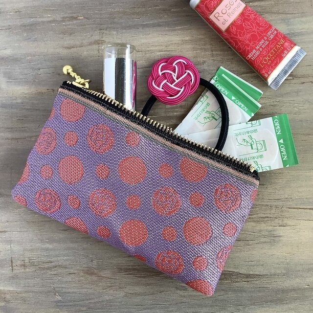 【朝焼けの薔薇】畳縁 ぺたんこ ミニポーチ カードケース 小銭入れ 紫 ピンク 水玉 ドット