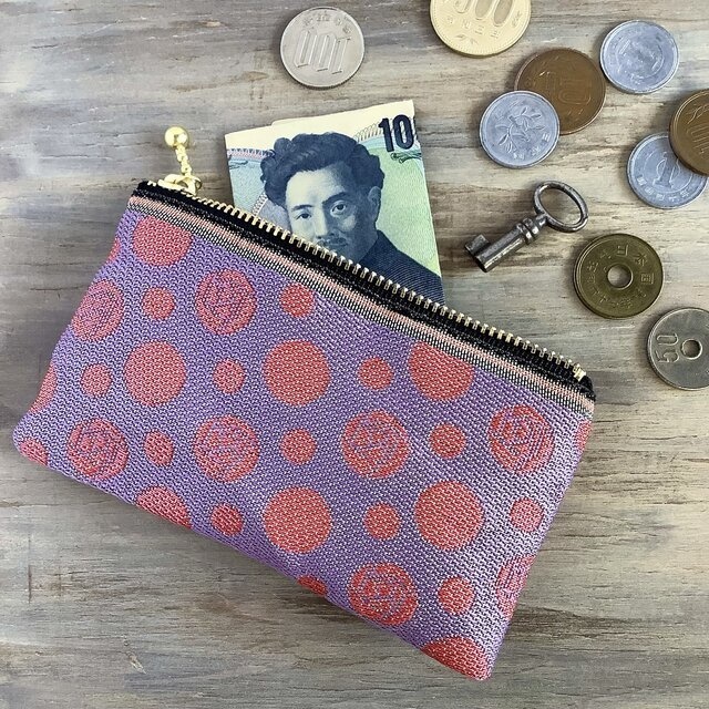 【朝焼けの薔薇】畳縁 ぺたんこ ミニポーチ カードケース 小銭入れ 紫 ピンク 水玉 ドット