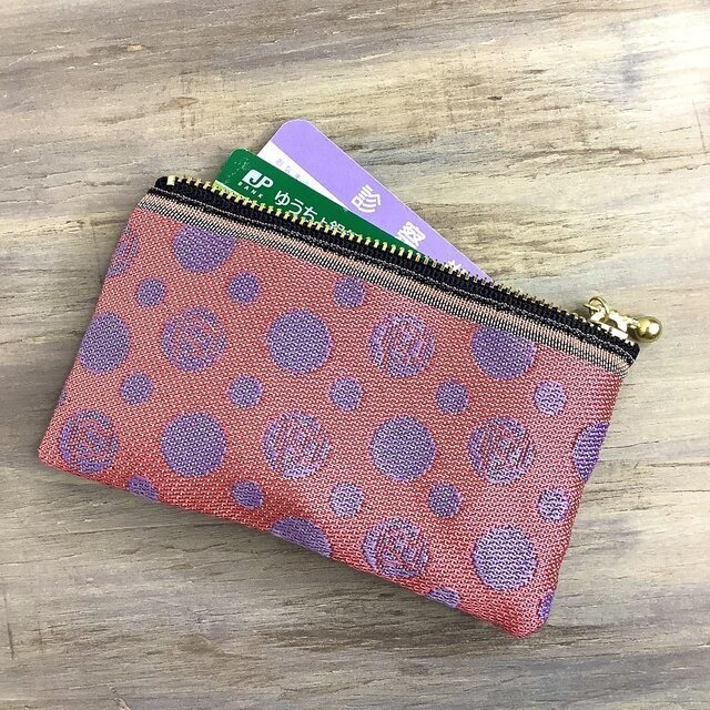 【夕焼けの薔薇】畳縁 ぺたんこ ミニポーチ カードケース 小銭入れ 紫 ピンク 水玉 ドット