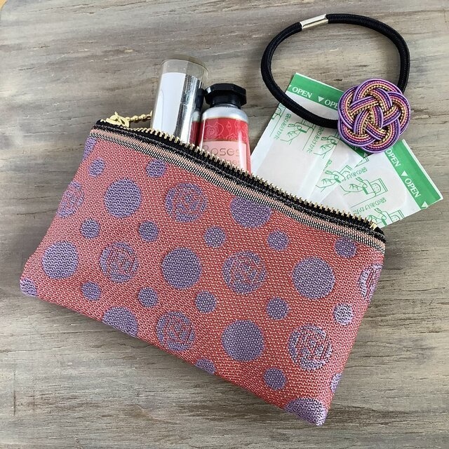 【夕焼けの薔薇】畳縁 ぺたんこ ミニポーチ カードケース 小銭入れ 紫 ピンク 水玉 ドット