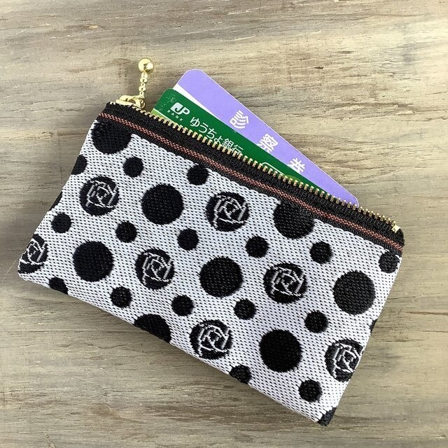 【雪の黒薔薇】畳縁 ぺたんこ ミニポーチ カードケース 小銭入れ モノトーン ばら 白 黒 水玉 ドット