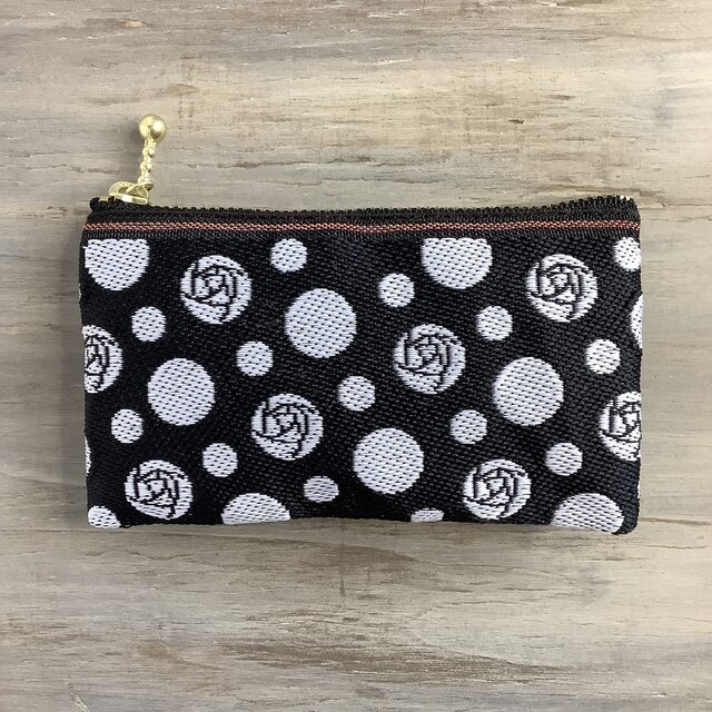【夜の白薔薇】畳縁 ぺたんこ ミニポーチ カードケース 小銭入れ モノトーン ばら 白 黒 水玉 ドット