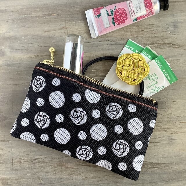 【夜の白薔薇】畳縁 ぺたんこ ミニポーチ カードケース 小銭入れ モノトーン ばら 白 黒 水玉 ドット