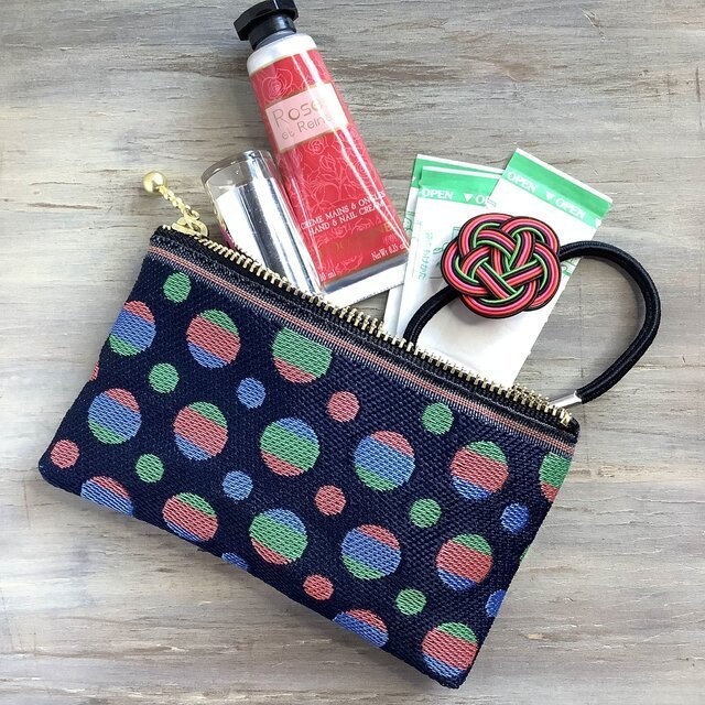 【カラフル水玉】畳縁 ぺたんこ ミニポーチ カードケース 小銭入れ 和風 ドット ストライプ