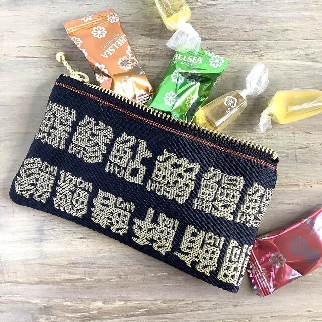 【魚の漢字】畳縁 ぺたんこ ミニポーチ カードケース 金 小銭入れ 和風 釣り