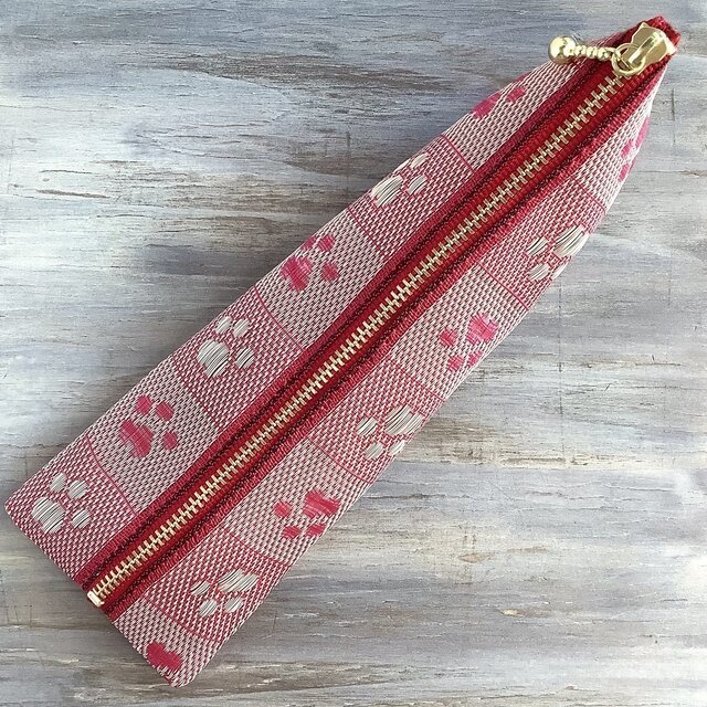 【肉球】畳縁 テトラ型 ペンケース 濃ピンク ベージュ 犬 猫 足あと