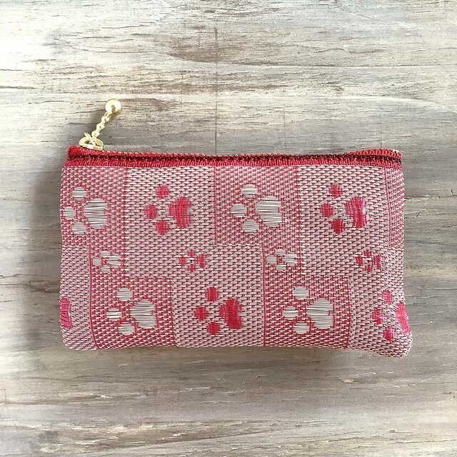 【肉球】畳縁 ぺたんこ ミニポーチ カードケース 小銭入れ 足あと 濃ピンク ベージュ 犬 猫