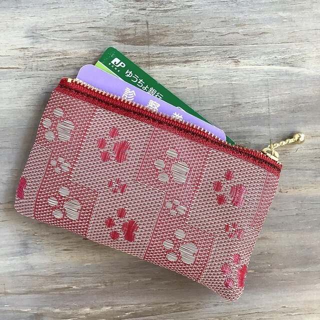 【肉球】畳縁 ぺたんこ ミニポーチ カードケース 小銭入れ 足あと 濃ピンク ベージュ 犬 猫
