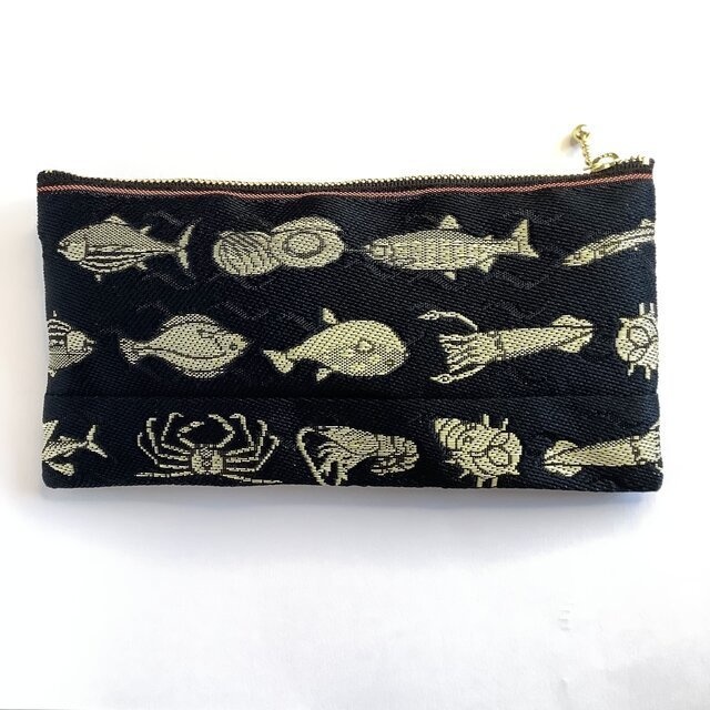 【魚介】畳縁 幅広ペンケース マスクケース ポーチ 和風 黒 魚