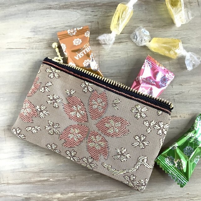 【桜】畳縁 ぺたんこ ミニポーチ カードケース 小銭入れ さくら 春 ピンク 灰桜